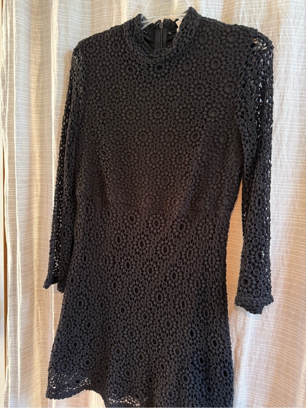 Cooperative Black Crochet Lace Mini Dress with Mock Neck and 3/4 Bell Sleeves